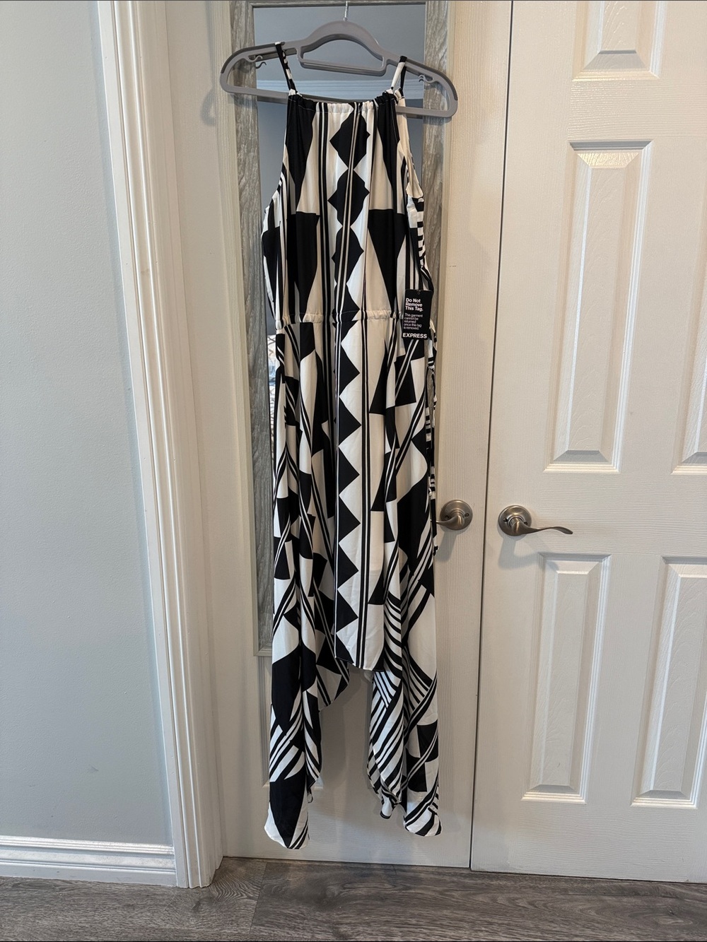 Express Black and White Geometric Handkerchief-Hem Dress